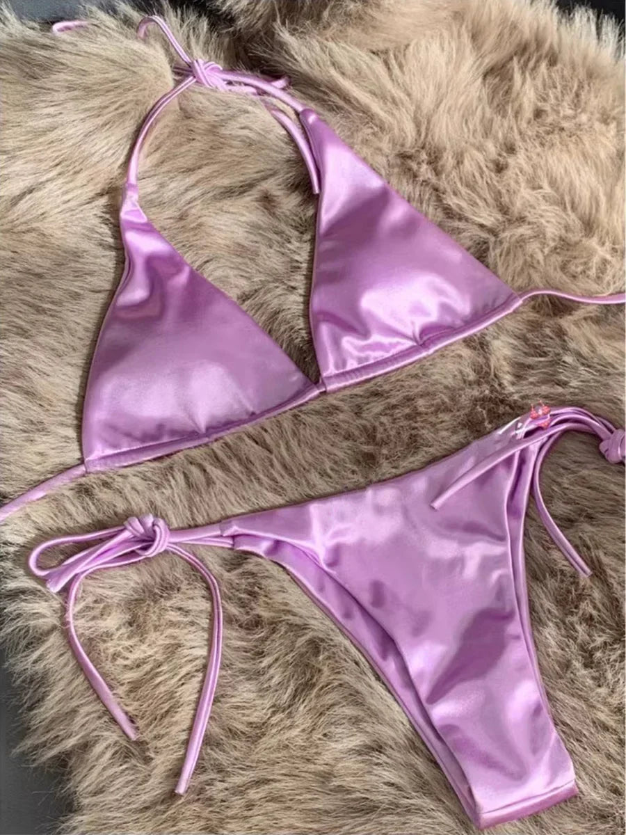 Metallic Satin Bikini Damen – Wrap Around Halter Zweiteiler